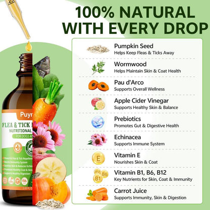 Puyrzoe Flea and Tick Support Drops for Dogs | 60ML Herbal Formula with Pumpkin Seed and Vitamins | Bacon Flavor | Suitable for All Breeds and Ages of Dogs